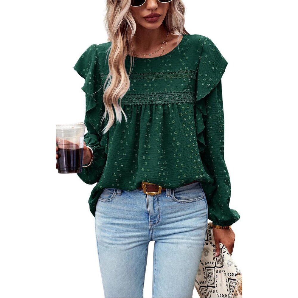 Pretty Garden Womens 2023 Fall Swiss Dot Crochet Loose Fit Tunic Top